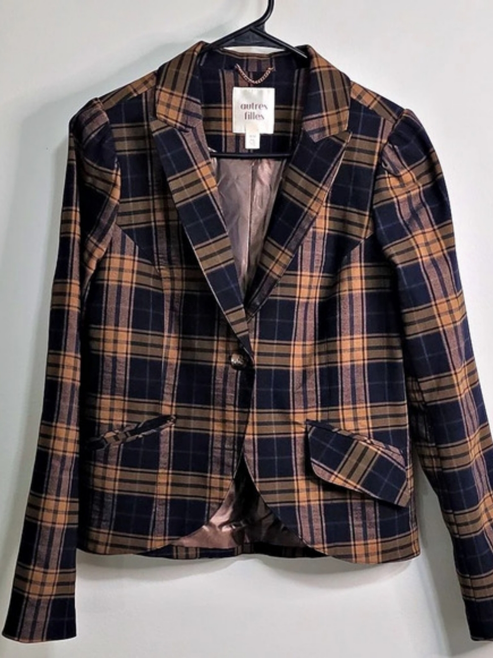 autres filles Plaid Blazer in Warm Tan, Brown, Ruch Navy, Size Medium